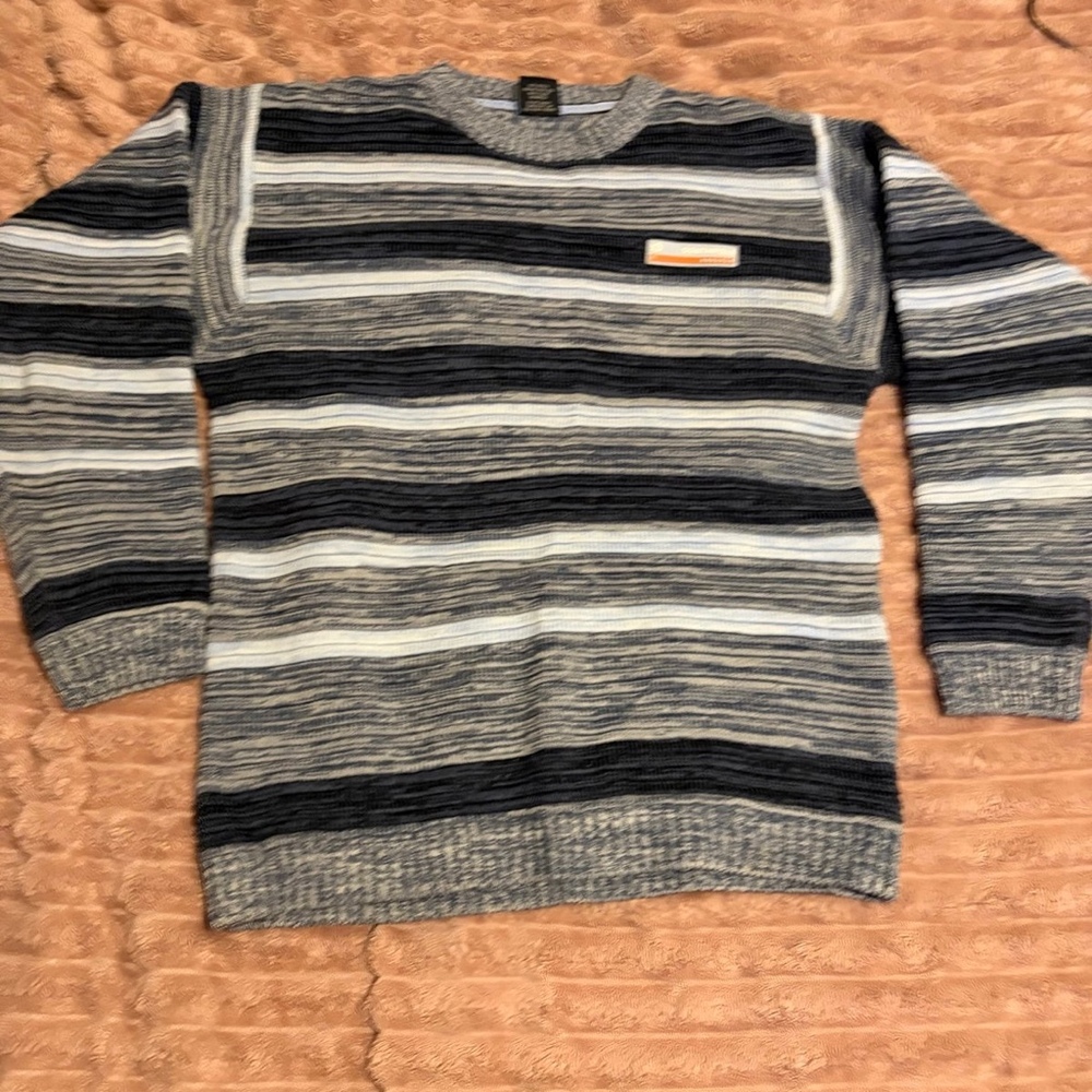 SouthPole Sweater Mens MedMed Gray With Light And Dark Blue Stripes 100% Acrylic